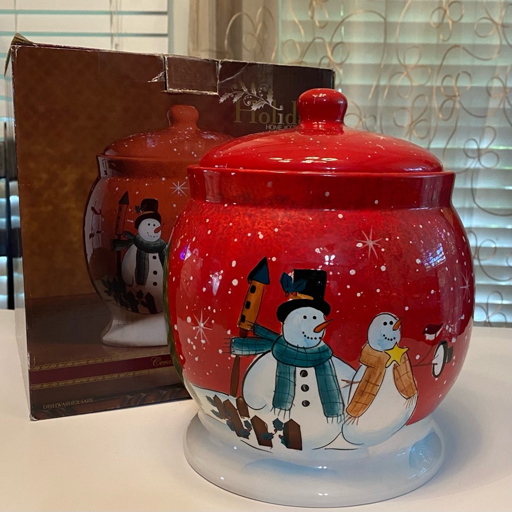 NIB Home Accents Cookie Jar - Red with Snowmen, with lid